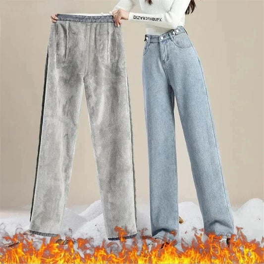 Winter Warm Jeans Women Loose Thick Plus Velvet High Waist Wide Leg Jeans Pant Casual Straight Fleece Denim Trousers