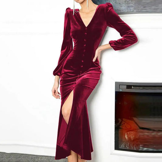 2023 Sexy Slim Velvet Party Long Dress Women Elegant Long Sleeve Korean Evening Party Dresses Front Slit Maxi Vestidos de Fiesta - Seprincess