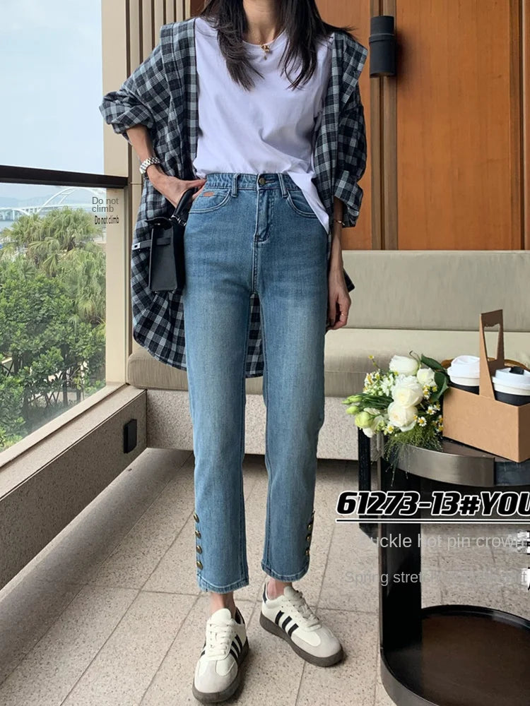 Y2k Large Size High Waist Jeans Women 2023 New Spring And Autumn Fat Mm Slim High Nine Straight Pipe Pants