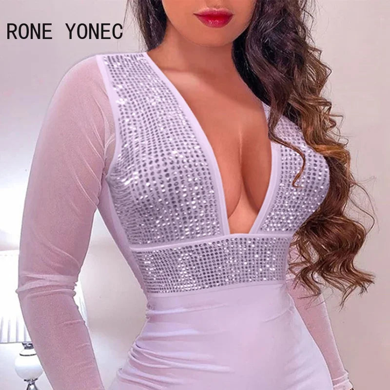 Women Solid Sexy Deep V Neck Rhinestone Long  Sleeves Mesh Patchwork Bodycon Mini Sexy Party White Dresses - Seprincess