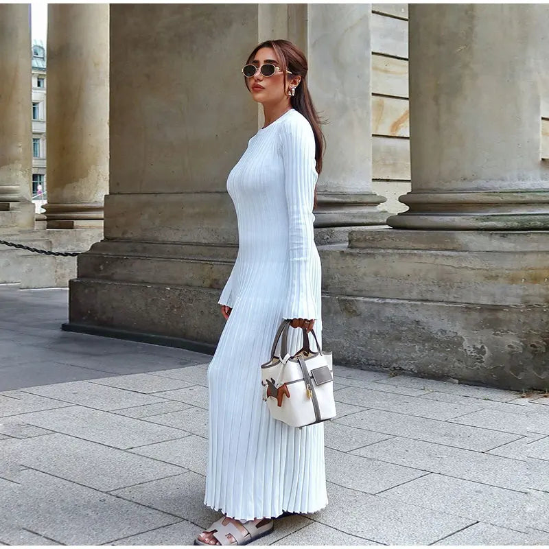 Women Elegant Solid Pleated Knitted Maxi Dress Casual Round Neck Long Sleeve Lace Up Dresses 2024 Autumn Lady High Street Robes - Seprincess