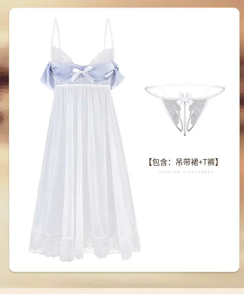 New Design Women's Sexy Spaghetti Strap Transparent Lingerie Dress Lady Honeymoon Fliter Long Sleepdress Goodness Nightgown - Seprincess