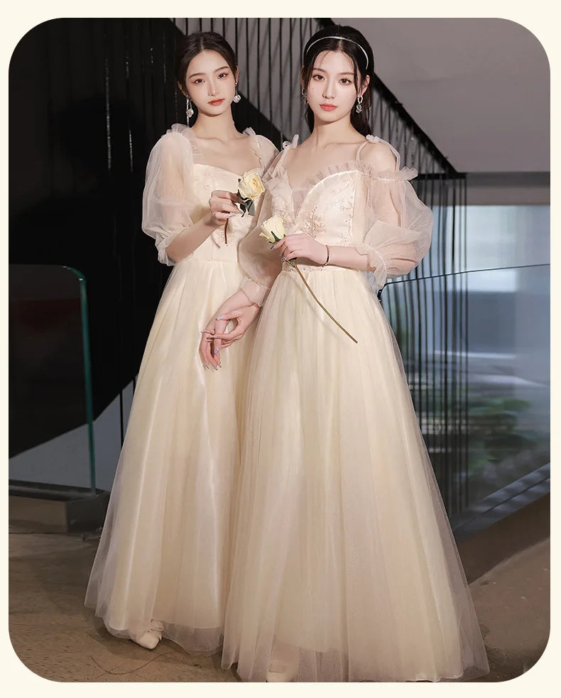 Champagne Bridesmaid Dress Women's Sweet Tulle Embroidery New Temperament Sisters Evening Dresses A-Line Wedding Party Gown - Seprincess