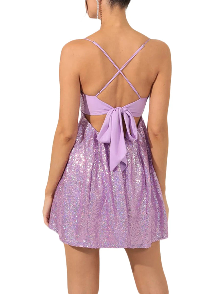 Women s Sexy Sequin Halter Mini Dress Backless Glitter Spagetti Straps Ruched Sparkly Swing A-Line Dinner Dress - Seprincess