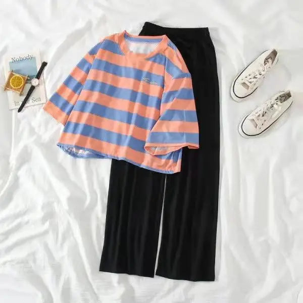 2 Pcs Women Sets Chic Striped Summer Leisure Femme Outfits Korean  Casual Suit Crop Top Basic Black High Waist Wide-leg Set - Seprincess