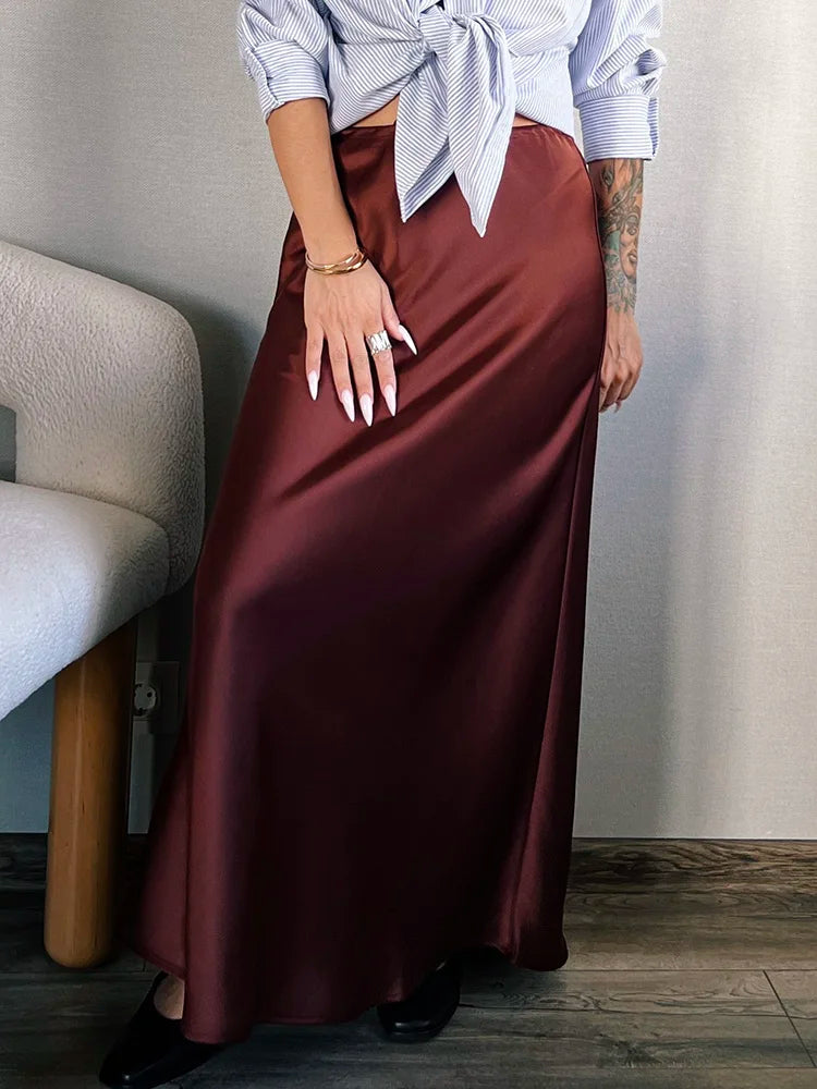 Long Black Satin Skirts For Women 2024 Autumn Winter Maxi Brown Burgundy Skirts Ladies Green Lace Up Women Satin Silk Skirt