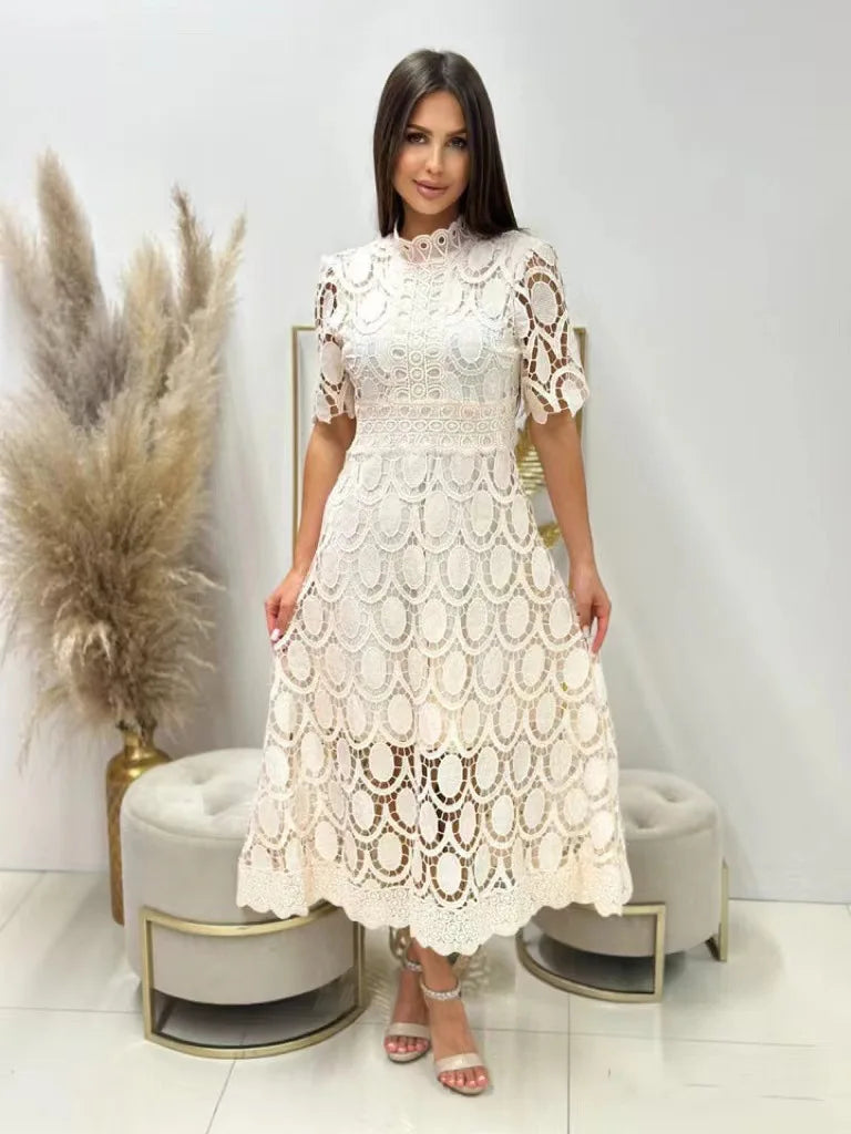 2024 Spring New Fashionable French Lace Stand Up Collar With Bubble Sleeves Waist Cinching Slimming Dress Elegant Long Dress - Seprincess