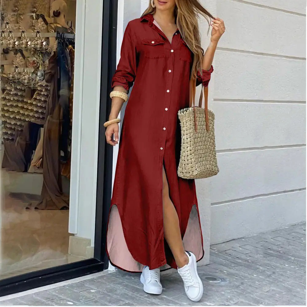 Women Blouse Dress Summer Fashion Female Pocket Button Long Sleeve Long Maxi Party Dresses LRFZ-9386 - Seprincess