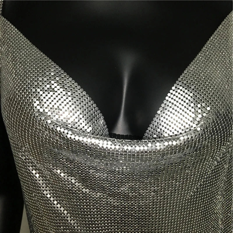 Sexy Metallic Sequin Mini Dress For Women Backless Cocktail Club Glitter Low Cut Halter Dress Rave Party Nightclub Dresses - Seprincess