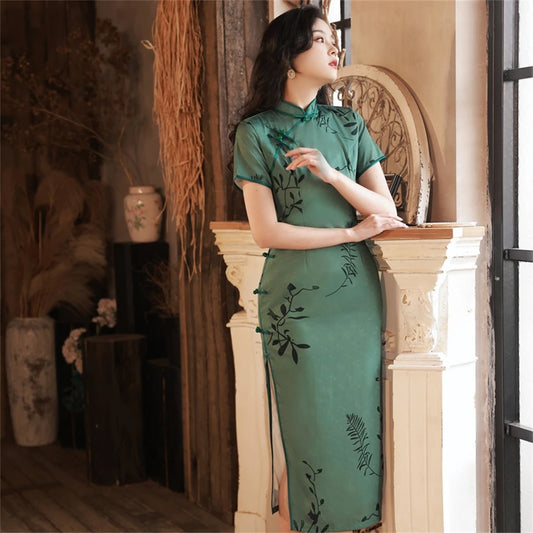 Long Chiffon Cheongsam Vintage Old Shanghai Green Printed Dress Summer Daily Elegant Chinese Traditional Banquet Qipao Chinoise - Seprincess