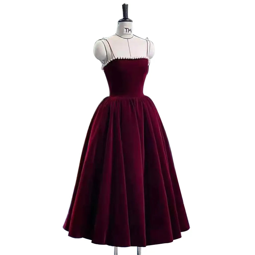 Velvet Spaghetti Strap Burgundy Midi Cocktail Dresses for Women 2024 Elegant Tea Length Prom Midi Dresses - Seprincess