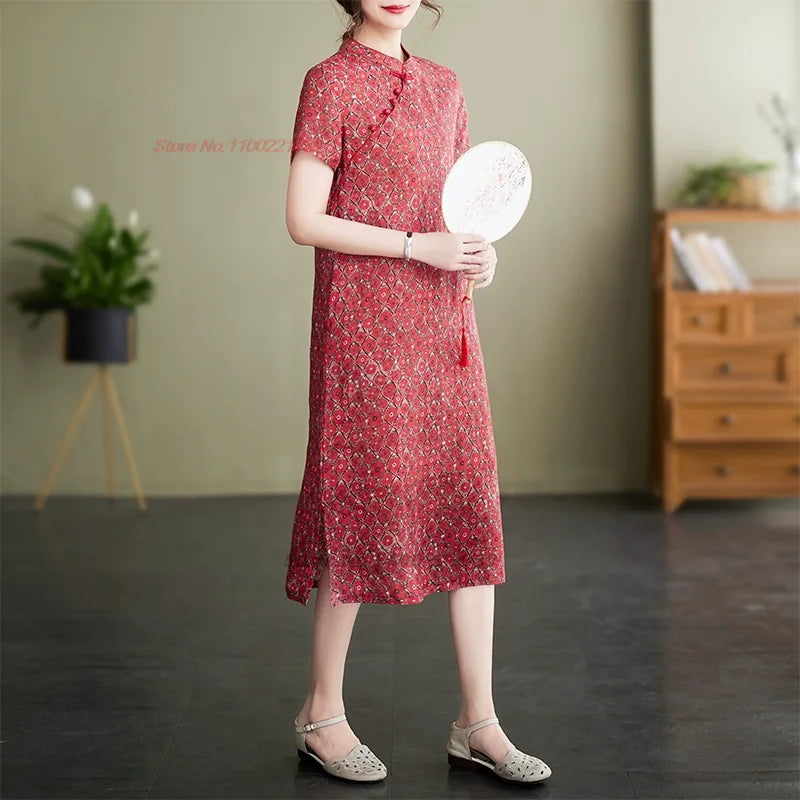 2024 chinese improved cheongsam dress traditional flower print cotton linen dress qipao vintage chinese dress folk style qipao - Seprincess