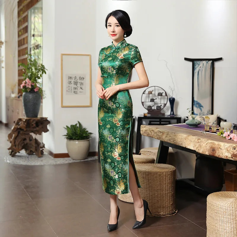 Green Brocade Satin Qipao Flower Mandarin Collar Cheongsam High Split Vestidos Oriental Bride Wedding Dresses Summer Party Gown - Seprincess