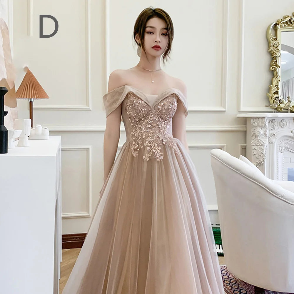 4 styles Champagne Pink Bridesmaid Dress Women's Elegant Off Shoulder Ruffles Sleeves Gown Sequins Flower Applique Vestido - Seprincess