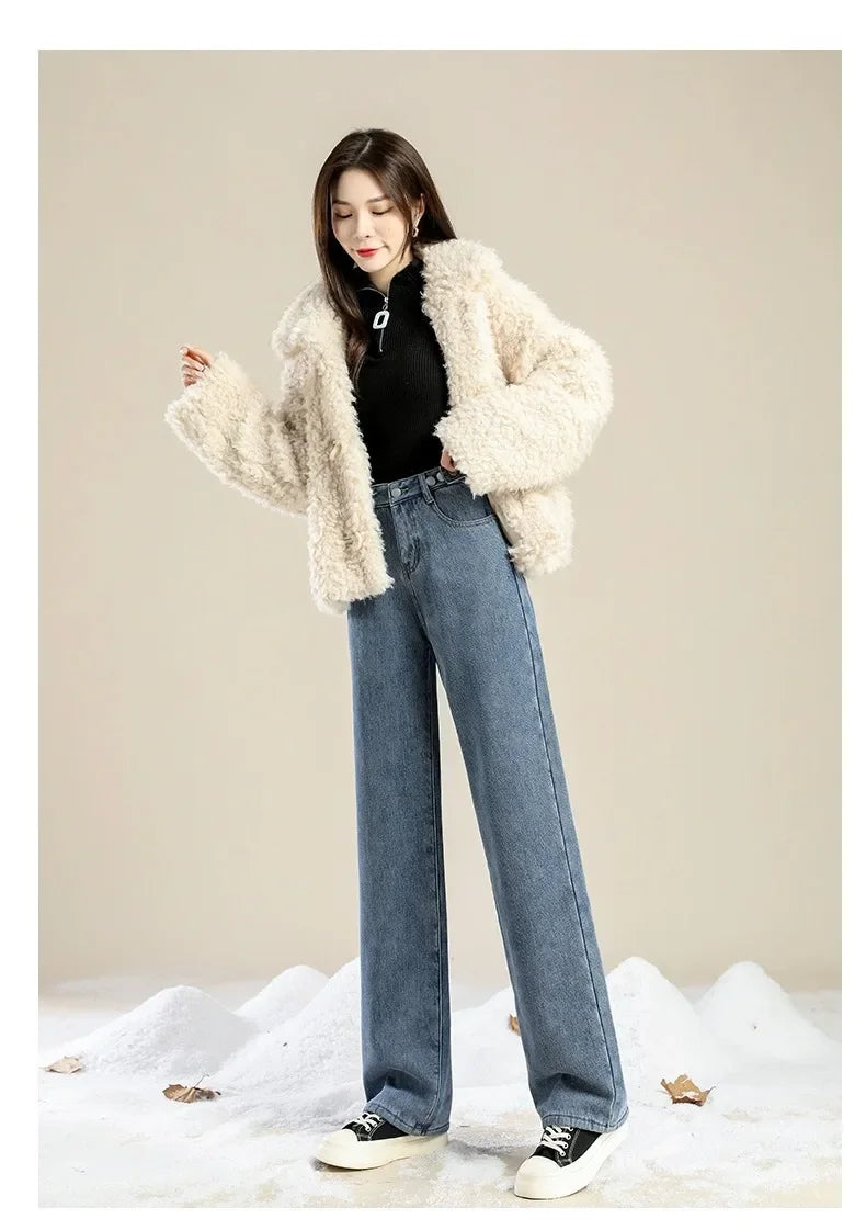 Autumn/winter Deep Color Wide-leg Fleece-lined Warm Jeans Women's Outerwear Slimming Loose-fit Straight-leg Model Pants