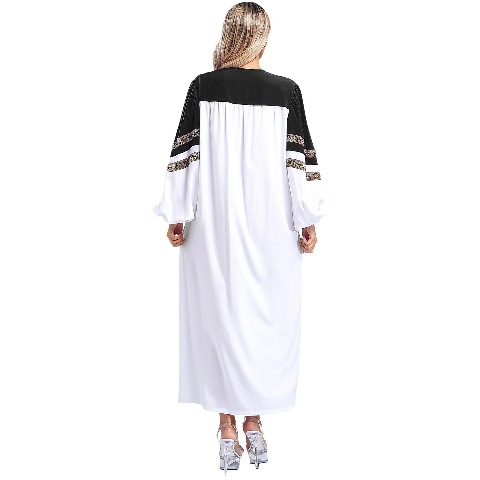 Womens Mens Church Choir Robe Halloween Cosplay Theme Party Costume V-Neck Embroidered Stripes Long Sleeve Zipper Clergy Gown - Seprincess