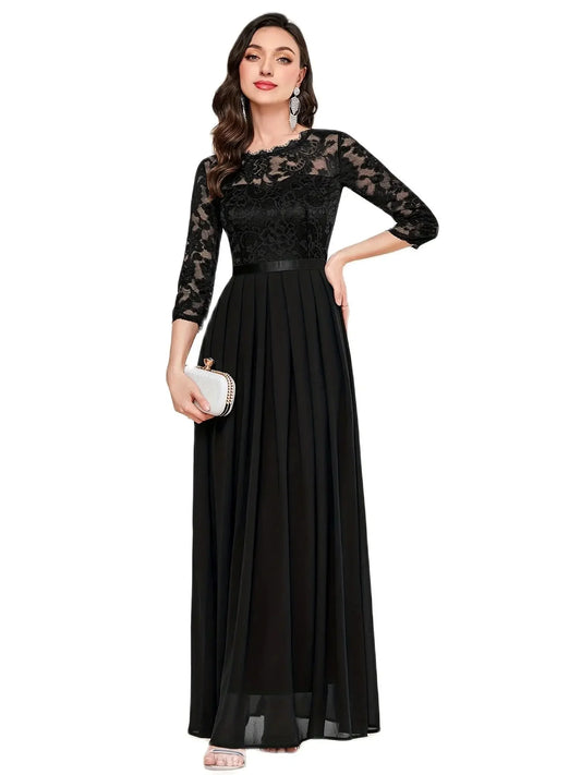 Contrast Lace Pleated Elegant Solid 3/4 Sleeve Party Maxi Formal Evening Dress - Seprincess