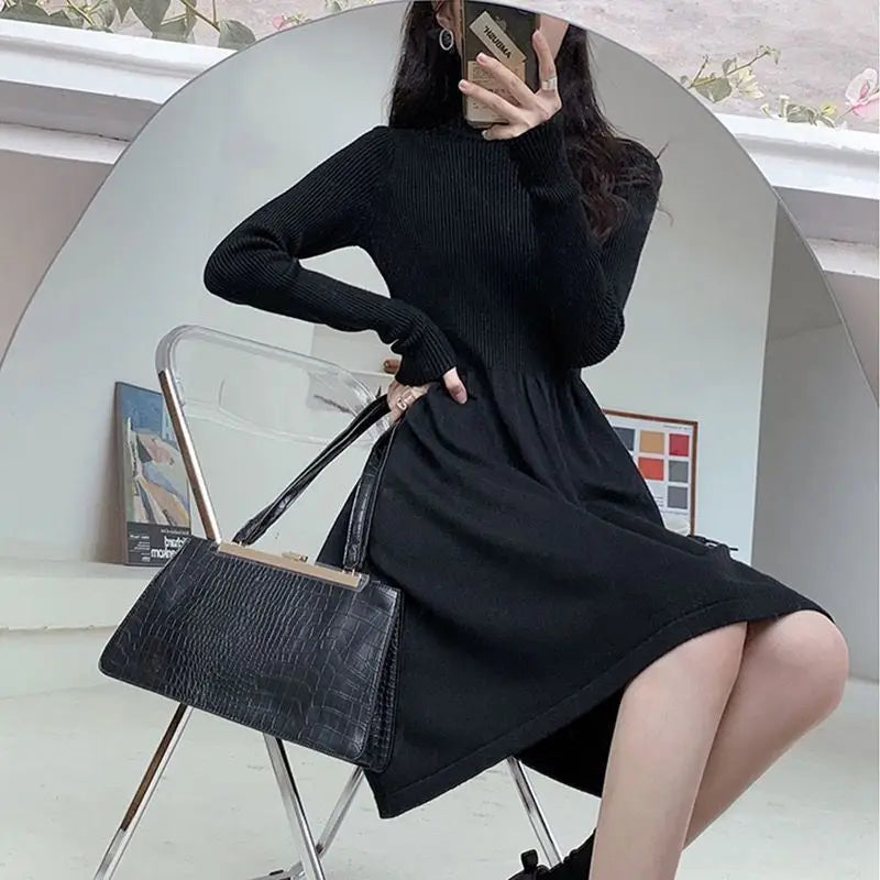 Autumn Winter Fashion Half High Collar Long Sleeve Solid Women's Clothing Waist Retraction Temperament All-match Knitting Dresse - Seprincess