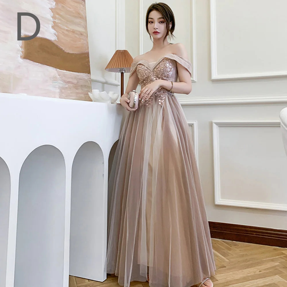 4 styles Champagne Pink Bridesmaid Dress Women's Elegant Off Shoulder Ruffles Sleeves Gown Sequins Flower Applique Vestido - Seprincess