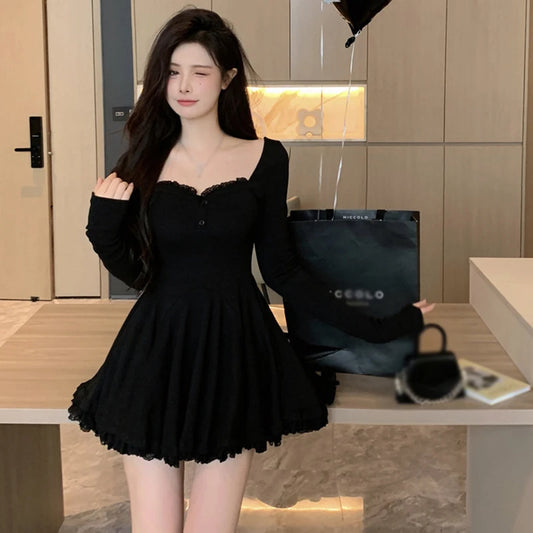 Autumn Women Square Collar Korean Dress Short French Style Long Sleeve Collarbone Exposed Slim Dresses - Seprincess