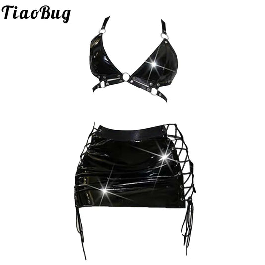 Women's 2Pcs Patent Leather Outfits Halter Neck Backless Bra Crop Tops with Bodycon Skirts Club Wear Rave Dance Party Dresses - Seprincess