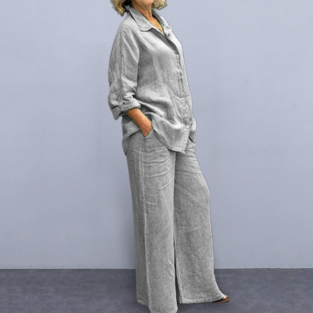 Women Cotton Linen Suits 2023 Elegant Solid Long Sleeve Shirt Wide Leg Trousers Two Piece Set Female Casual Straight Pants Suits - Seprincess