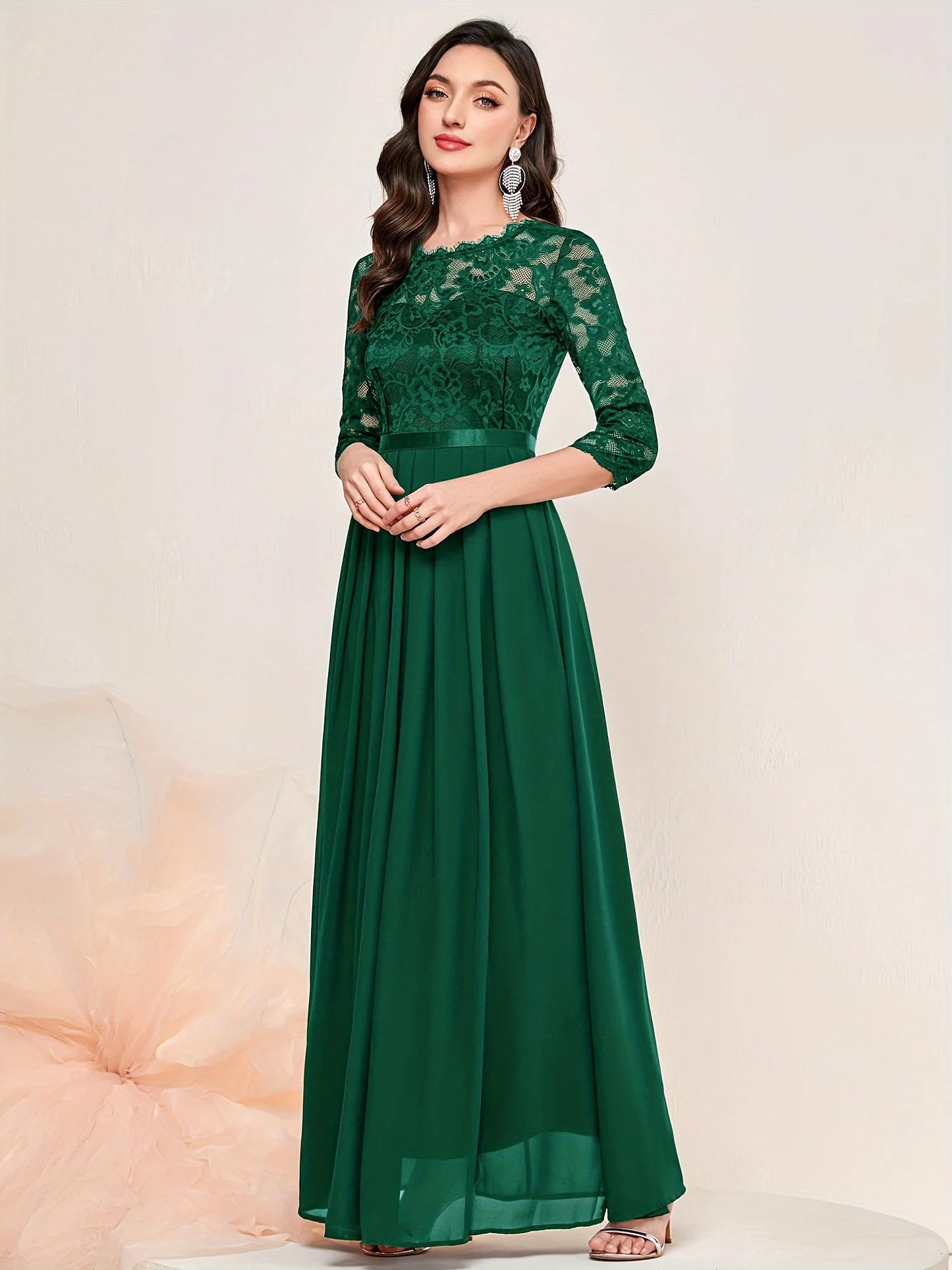 Contrast Lace Pleated Elegant Solid 3/4 Sleeve Party Maxi Formal Evening Dress