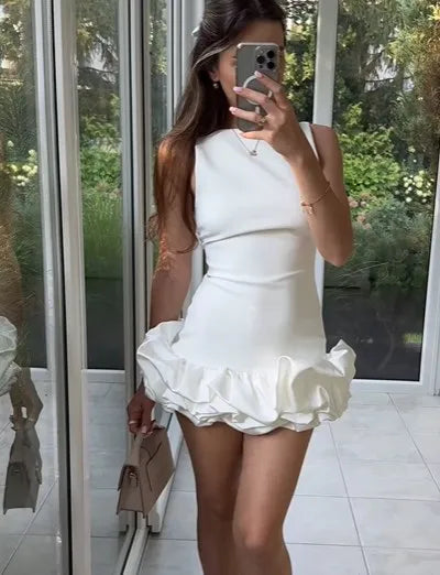 Fashion White Ruffled Hem Sleeveless Bodycon Short Dress Women Elegant O-neck Slim Mini Dresses Summer Sexy Lady Party Vestidos - Seprincess