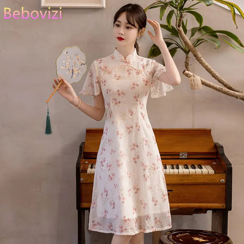 Summer Short Sleeve Qipao Fashion Modern Trend Ethnic Traditional Chinese Clothing Embroidery Cheongsam Dress for Women - Seprincess