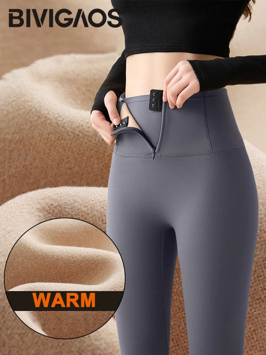 BIVIGAOS Fall Winter Fleece Thick Breasted Zipper Sharkskin Leggings Women's Waist Shaping Tight Sports Leggings Warm Pants