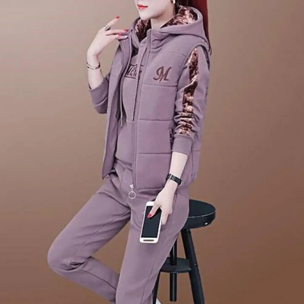 Fashion Warm Three Piece Set Women Outfit 2022 Fall Winter Thicken Tracksuit Casual Waistcoat + Hoodies + Pant Female Sweat Suit - Seprincess