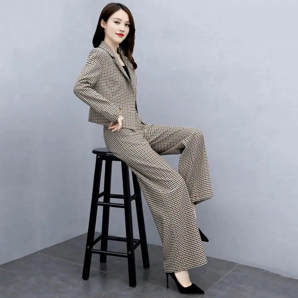 Female Formal Plaid Blazer 2 Pieces Sets Korean Office Long Sleeve Short Suit Tops High Waist Wide Leg Pants Lady OL Outfit - Seprincess