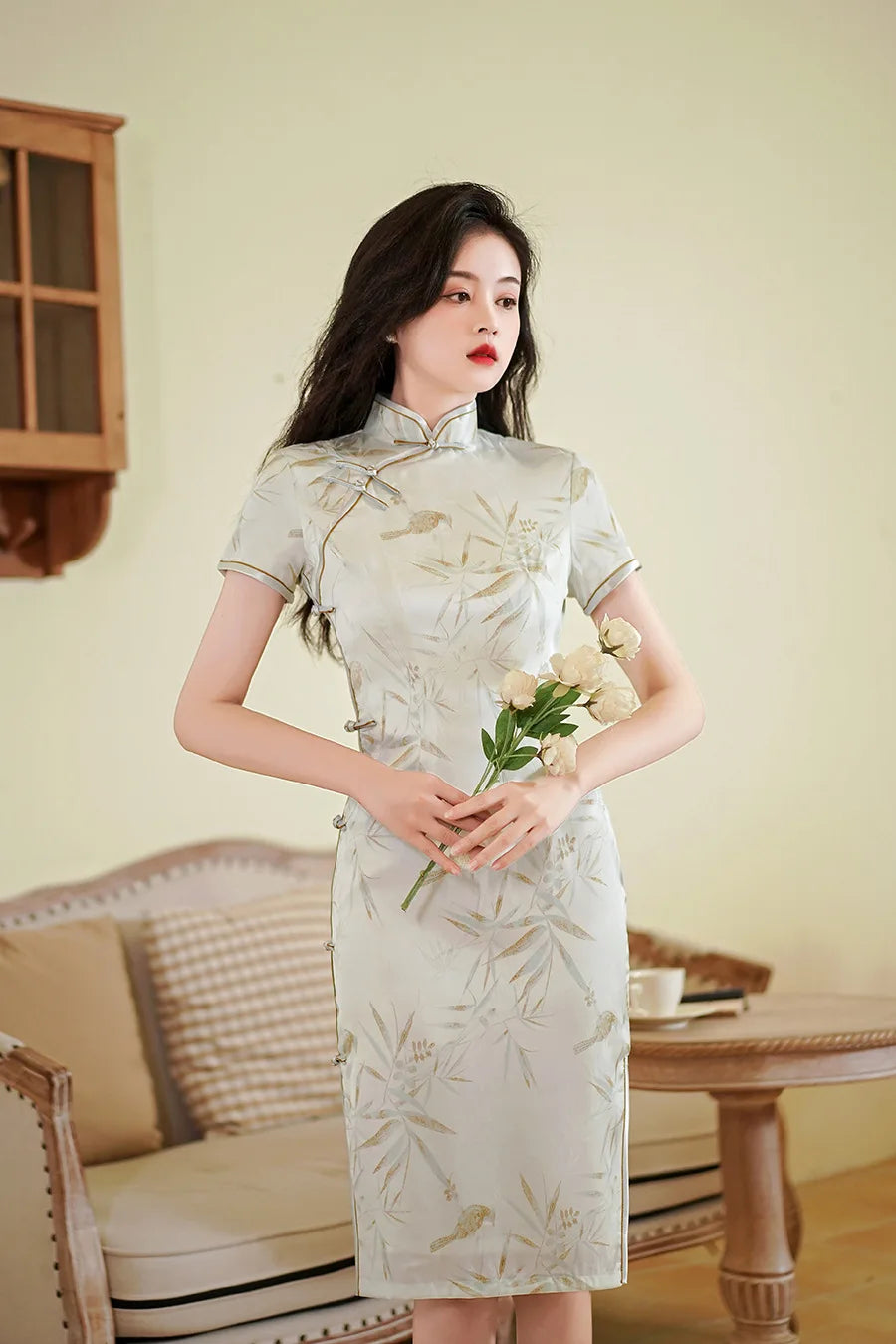 Chinese Style Dresses Women Green Print Cheongsams Elegant Chinese Traditional Dress Satin Vestido Chino Oversize 3Xl4Xl Qipao - Seprincess