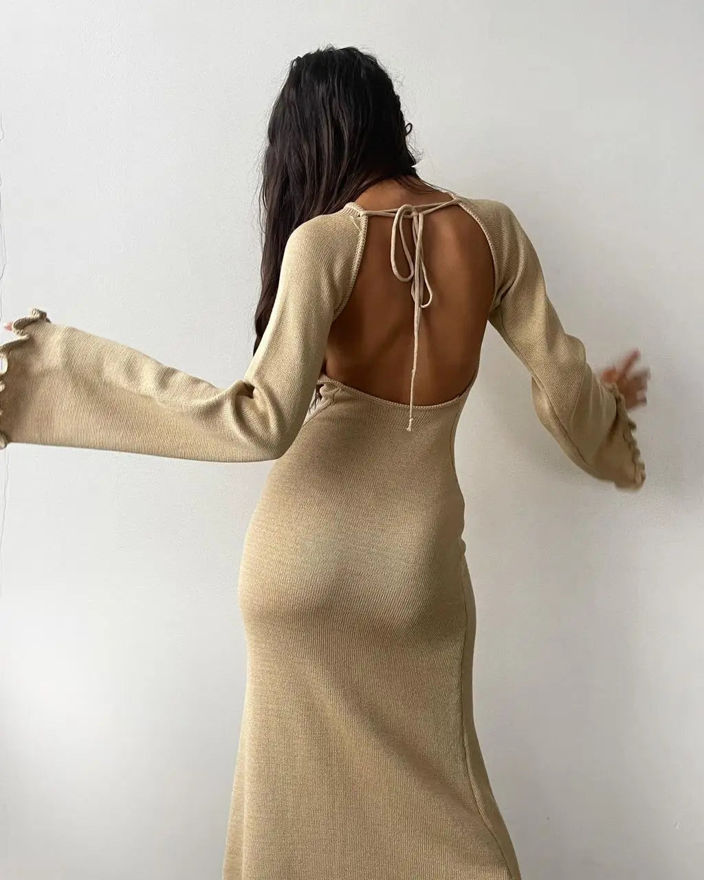 Cryptographic Elegant Knitted Sweater Maxi Dress Outfits for Women Flare Sleeve Sexy Backless Dresses Edible Tree Fungus Clothes - Seprincess