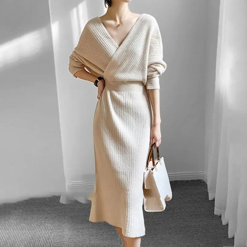 Elegant Knitted Midi Dress Women Fashion Black Sexy V Neck Sweater Dresses Winter Ladies Korean Bodycon Chic A Line Vestidos New - Seprincess