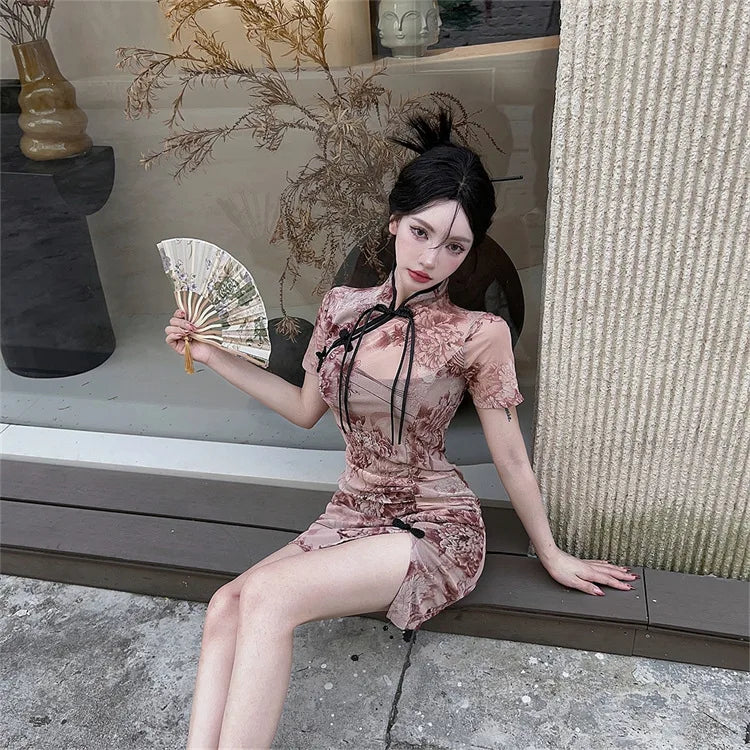 Chinese cheongsam summer high slim elegant flower long maxi dress hot sexy short skirt Korean fashion women Y2K clothing - Seprincess