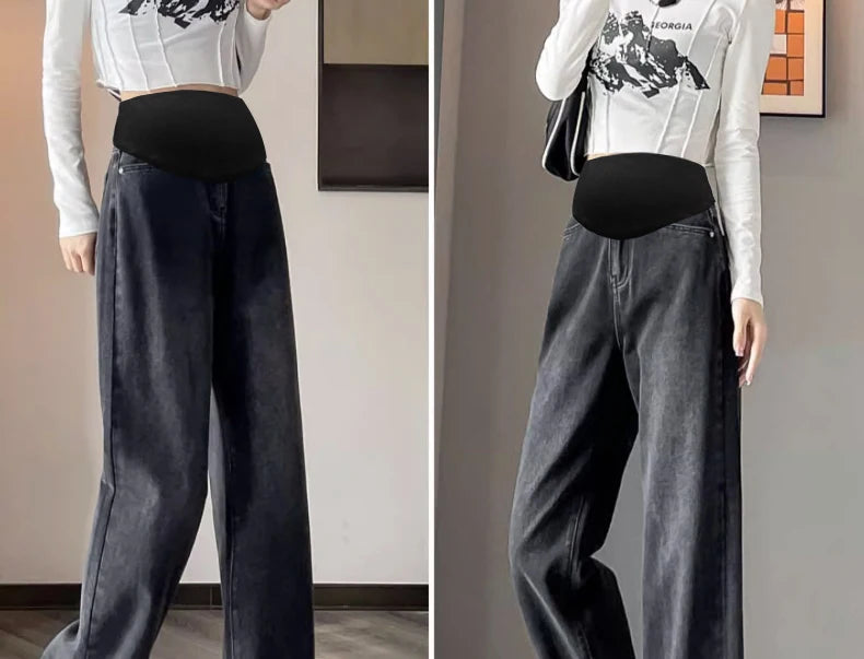 Autumn and Winter Pregnant Women's Belly Pants Fashion Loose Straight Leg Korean Style High Waist Maternity Jeans Denim Trousers