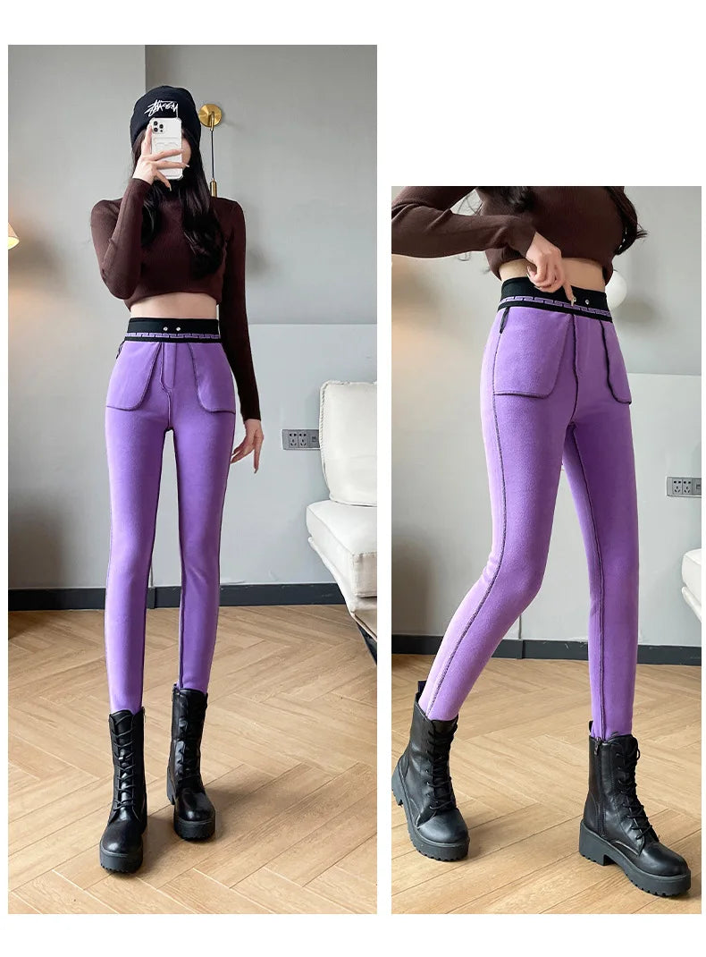 Women’s Winter Pants Thicken Fleece Slim Stretch High Waist Warm Thermal Leggings Pocket Sweatpants Women Velvet Pencil Pants