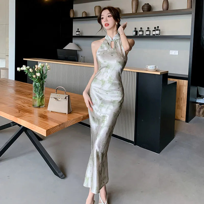 Retro Sexy New Chinese Modern Improved Satin Cheongsam Evening Wear Women Slim Long Dress Qipao - Seprincess