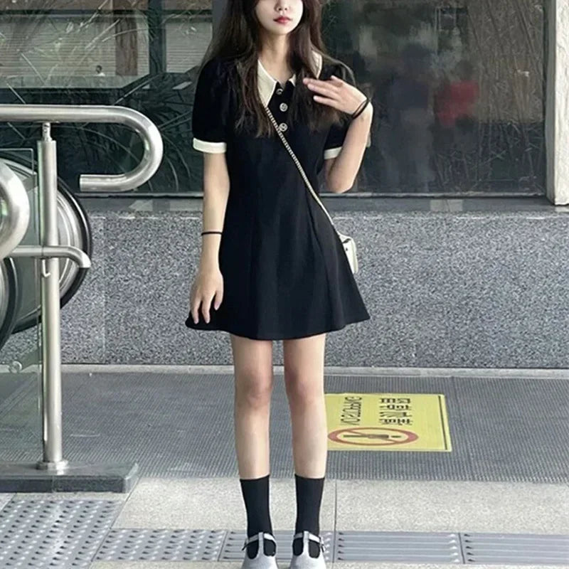 High-waisted Mini Dress A- line Lapel Polo Collar Black Skirt Summer Autumn Princess Color Block For Women Casual Chic Style - Seprincess