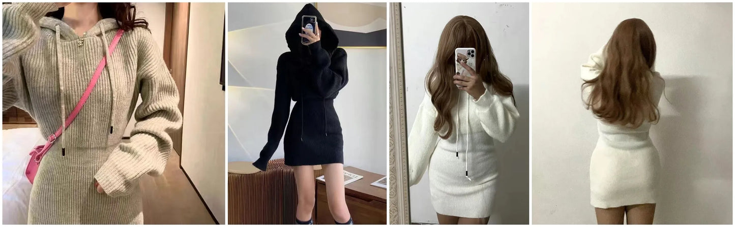 Women Winter Dress Knitted Sweater Solid Slim Elastic Hoodie Dress High Waist Vintage Pullovers Sniper Style Mini Dress Korean - Seprincess