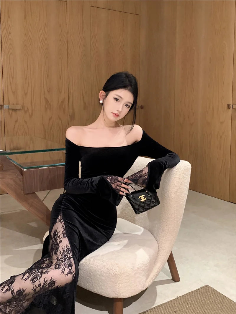 Women's Sexy Black Velvet Dress Elegant Chic Off Shoulder Lace Split Evening Party Dresses Autumn Female Bodycon Vestidos Mujer - Seprincess