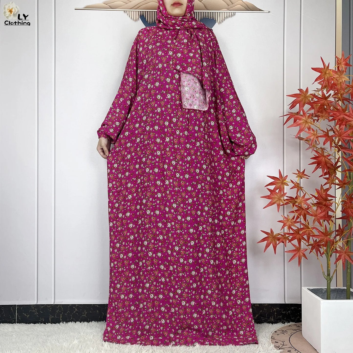 2024Latest Muslim Abayas For Women Ramadan Prayer Maxi Dubai Turkey Femme Cotton Robe Floral Loose African Dress Turban Attached - Seprincess