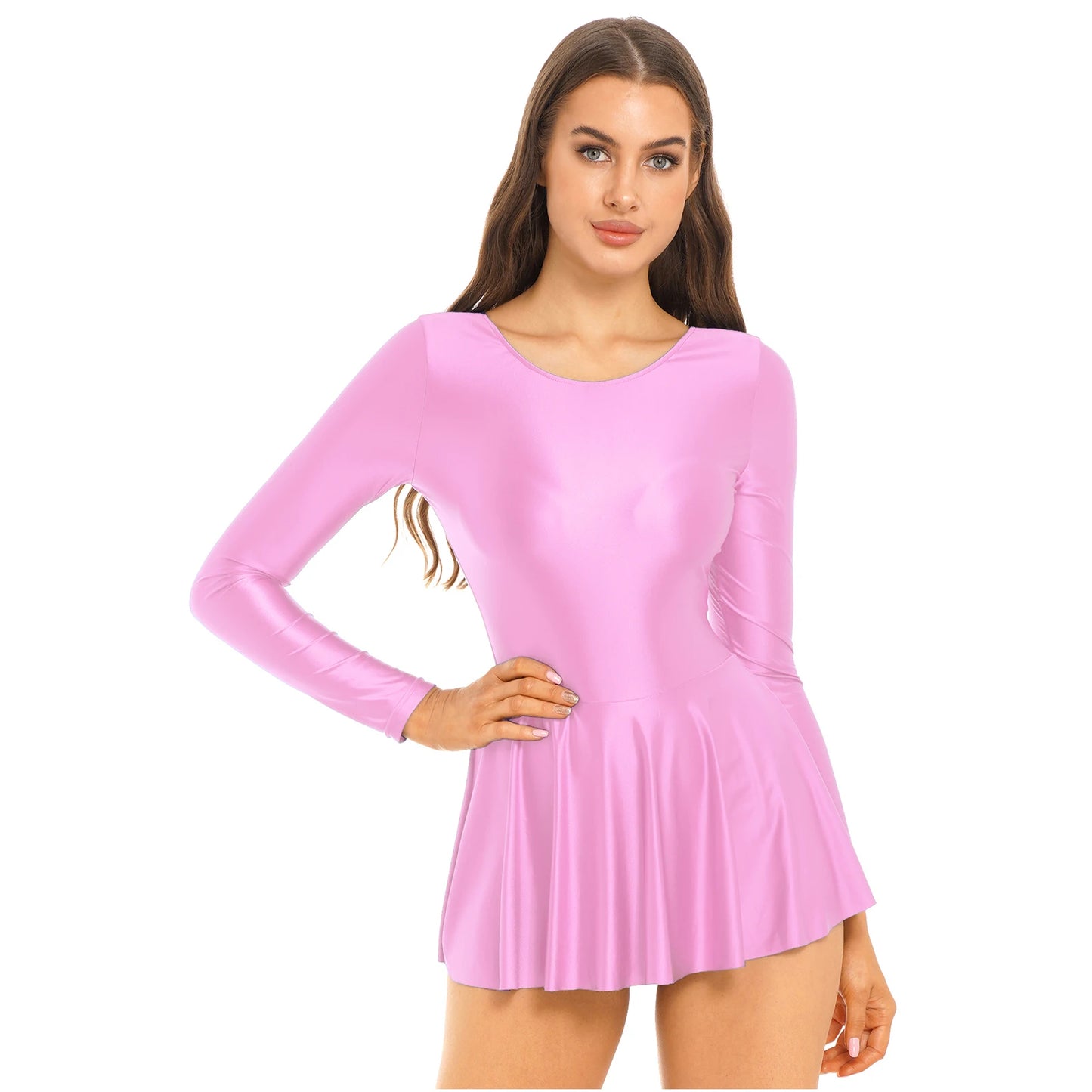 Mini Dress for Womens Glossy Long Sleeve Ruffled Dress for Sports Ballet Dance Party Clubbing Dresses Femme Gymnastics Leotard - Seprincess