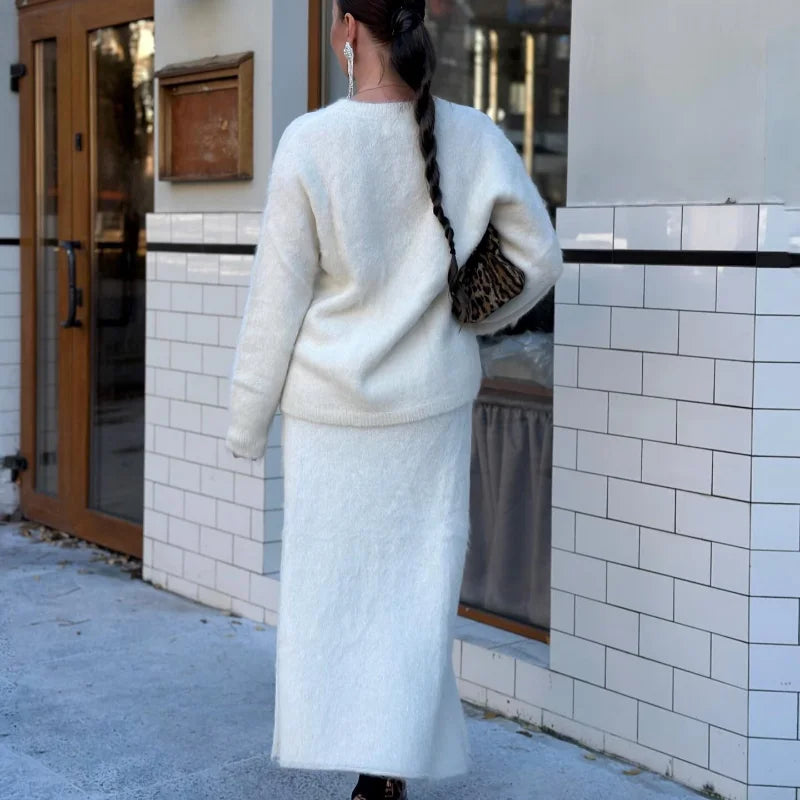 Fashion Solid Mohair Knit Long Skirt Sets Women O Neck Full Sleeves Pullover Sweater Autumn Female High Street Commute Outfits