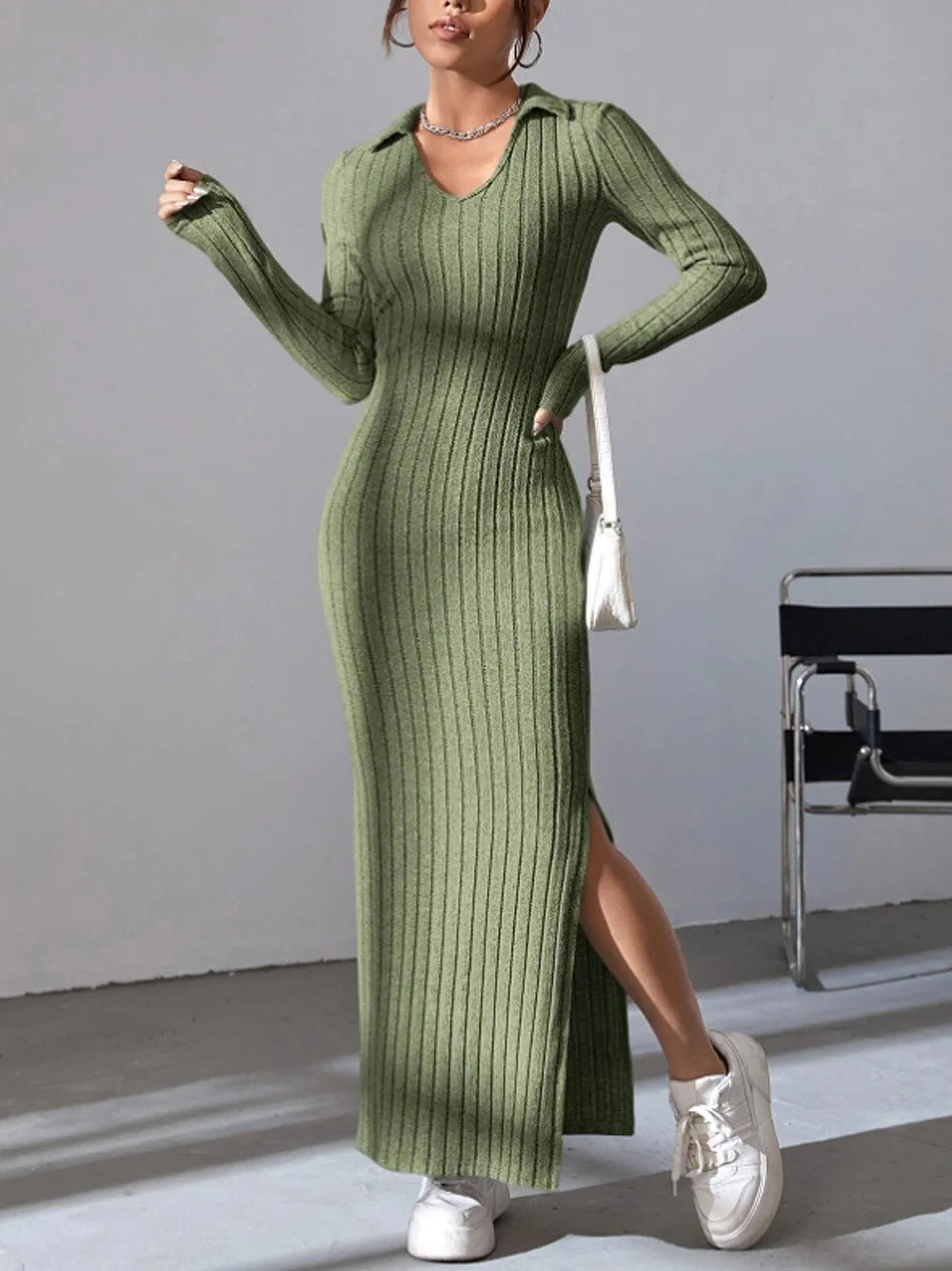 2024 Europe And The United States Autumn And Winter New Knitted Slim-Fit Lapel Long Sleeve Pit Strip Solid Color Tight Dress - Seprincess