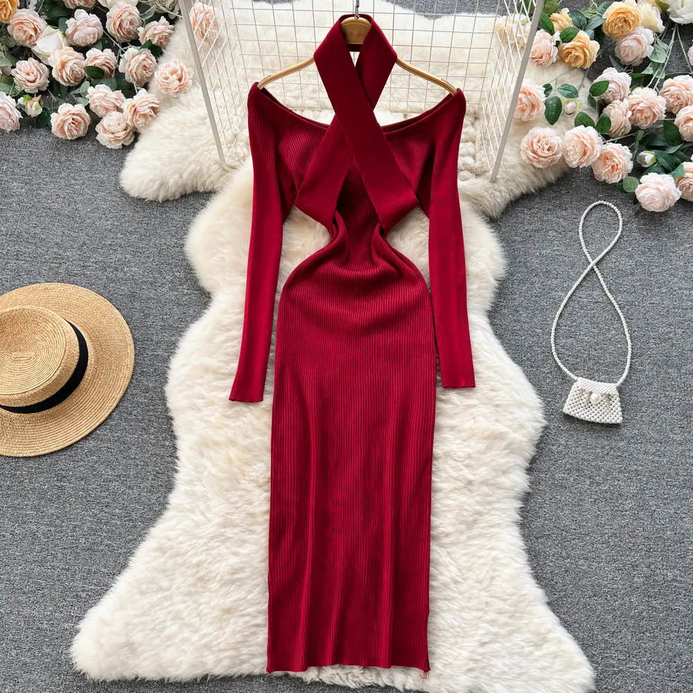 Autumn Winter Women Long Dress Elegant Halter Slim Waist Knitted Bodycon Dress Korean Office Lady Sweater Dresses Vestidos - Seprincess