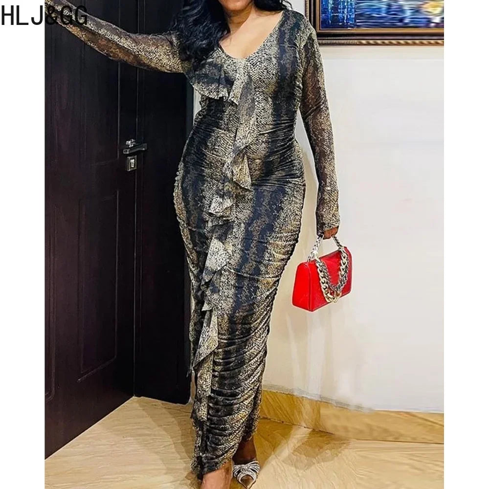 HLJ&GG Sexy Snake Printing Ruffle Bodycon Dresses Women V Neck Long Sleeve Slim Vestidos Fashion Female Ruched Dress Clothing - Seprincess