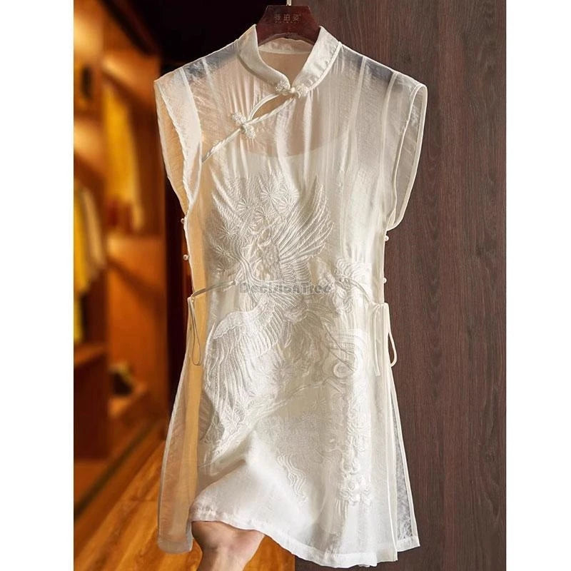 2024 chinese fashion embroidery loose cheongsam blouse women's summer new chinese style short sleeve embroidery qipao shirt w955 - Seprincess