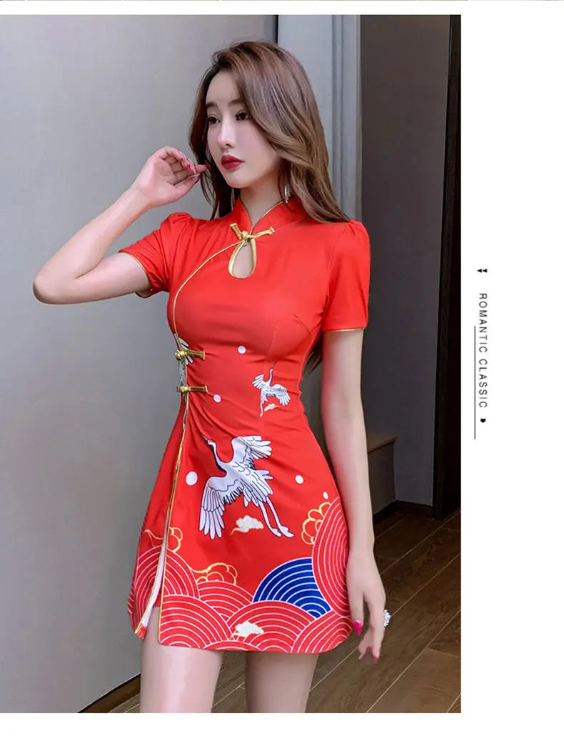 Women Chinese Style Retro Improved Temperament Printing Cheongsam Modern Dress Blue Chinese Qipao Dresses for Women - Seprincess